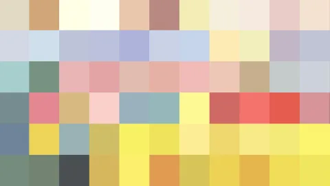 Raster aus farbigen Quadraten in Pastelltönen, dazu kräftiges Gelb, Rot und Blau in den unteren Reihen.