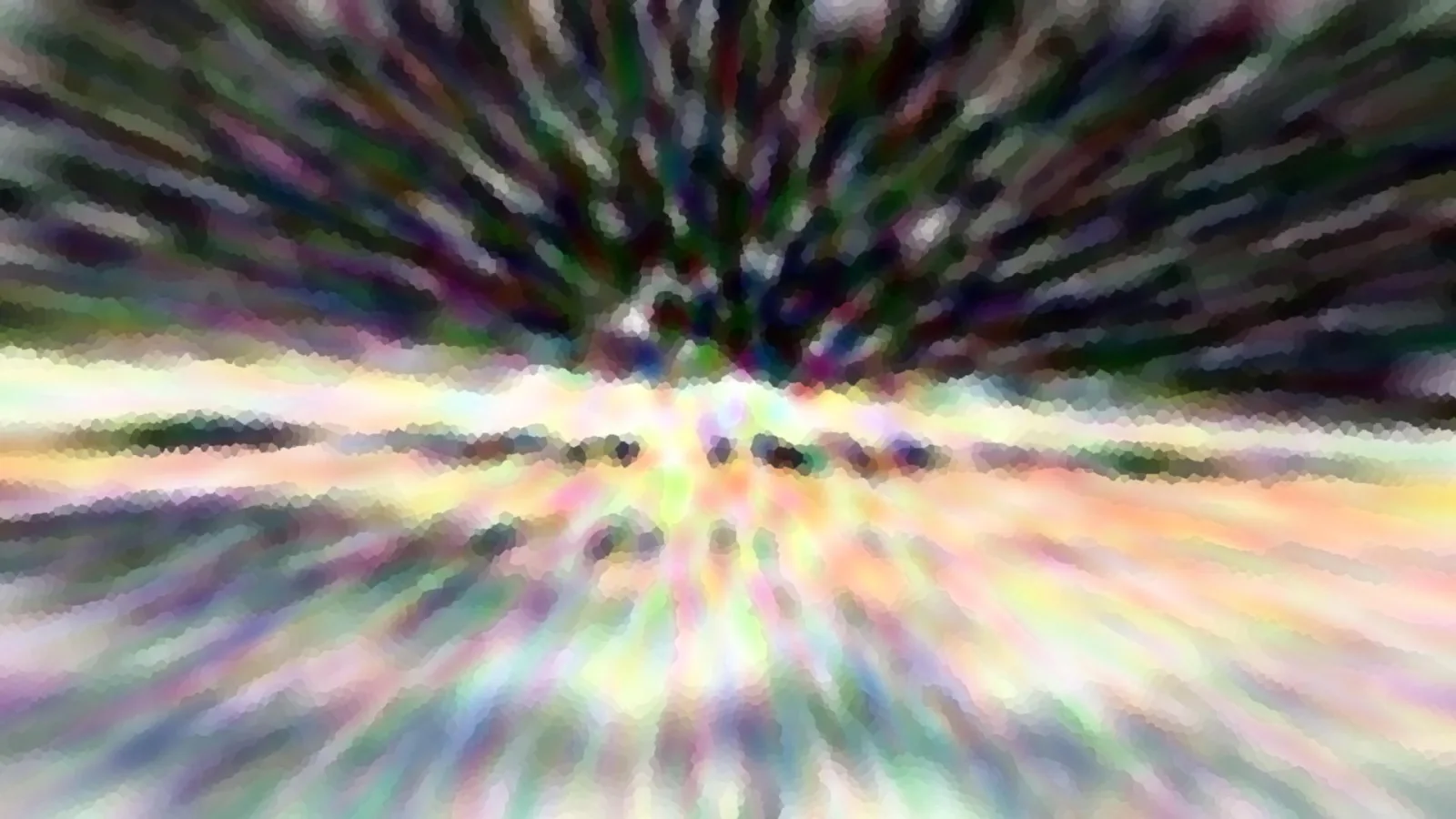 Abstrakte Komposition mit radial verlaufenden, bunten Streifen und Pixelstruktur, die von einem dunklen Zentrum oben in der Mitte nach außen strahlen, darunter ein heller Horizont mit Baumsilhouetten.
