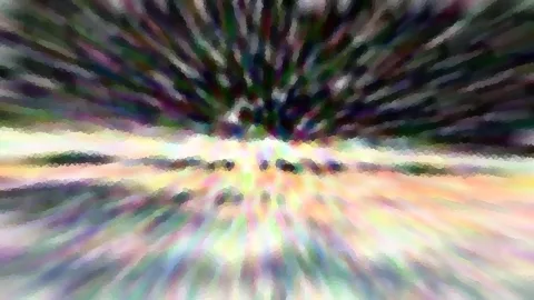 Abstrakte Komposition mit radial verlaufenden, bunten Streifen und Pixelstruktur, die von einem dunklen Zentrum oben in der Mitte nach außen strahlen, darunter ein heller Horizont mit Baumsilhouetten.