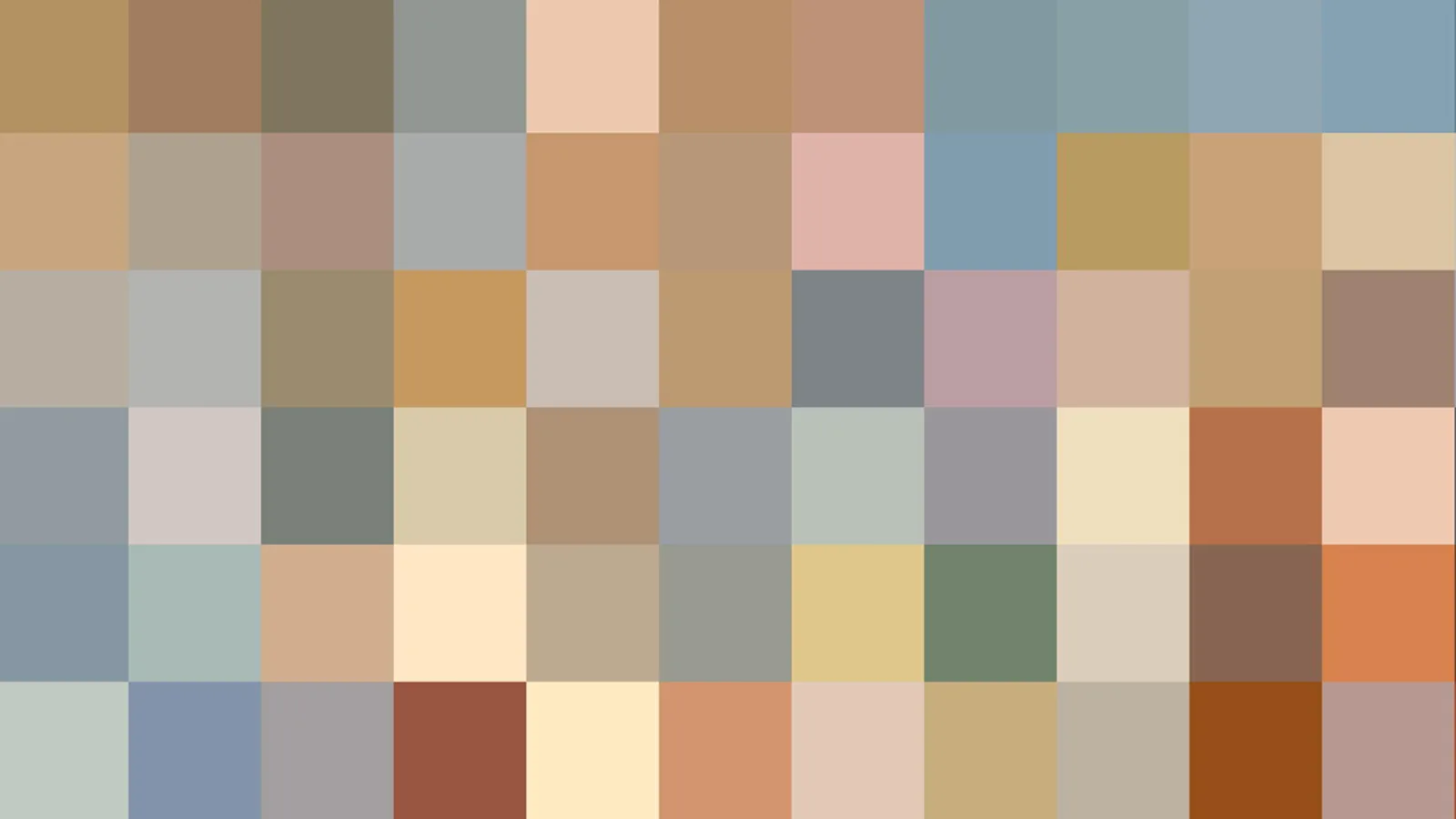Abstrakte Komposition aus einem Raster quadratischer Pixelblöcke in gedämpften Erd-, Grau- und Pastelltönen, mit einzelnen warmen Orange- und Grüntönen.