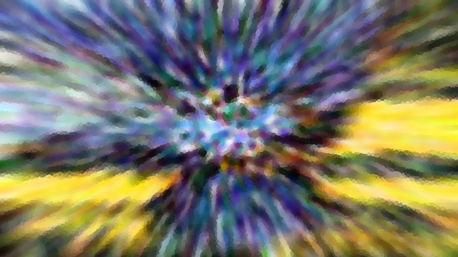 Abstraktes Bild mit radial von der Mitte ausgehenden Streifen in Blau, Violett und Grün, am Rand gelb leuchtend.