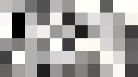 Mosaik aus quadratischen Pixelblöcken in Grau, Weiß und Schwarz, ohne erkennbares Motiv.