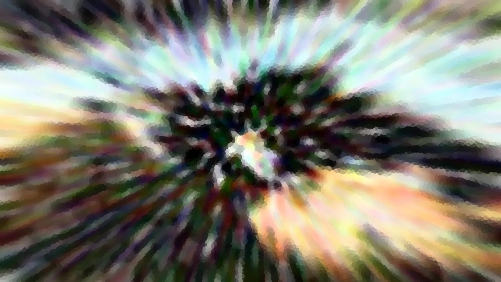 Abstrakte Komposition mit radialer Unschärfe in Grün, Weiß und Orange, im Zentrum ein heller Fleck vor dunklem Grund.