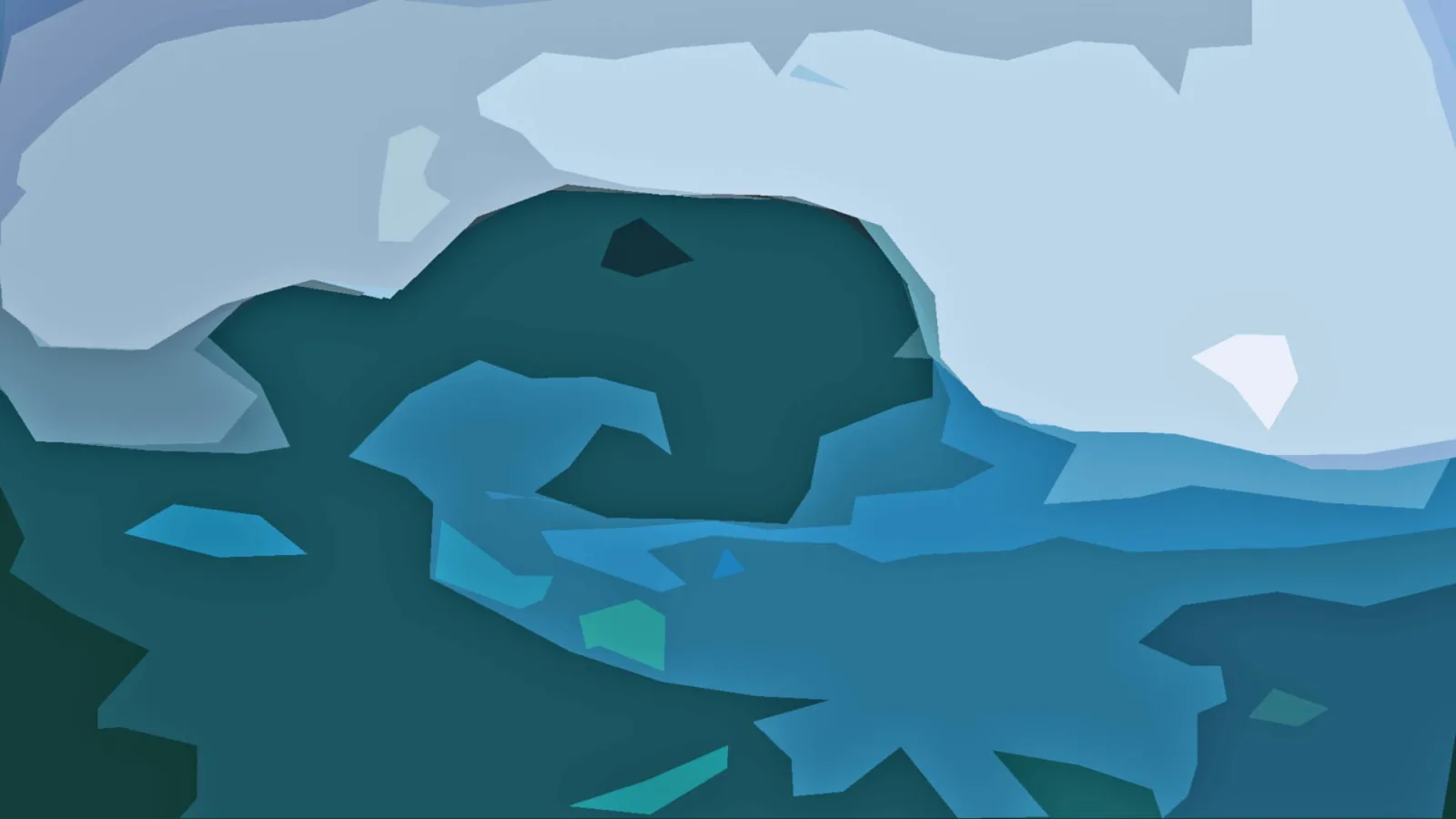 Abstrakte Komposition aus blauen, petrolfarbenen und hellgrauen Polygonflächen, oben ein heller Himmelsbereich.