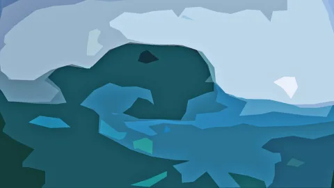 Abstrakte Komposition aus blauen, petrolfarbenen und hellgrauen Polygonflächen, oben ein heller Himmelsbereich.