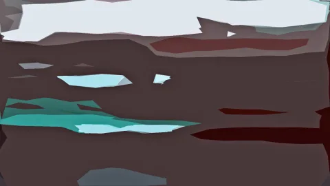 Abstrakte Komposition aus flachen, kantigen Formen in Braun, Weiß, Türkis und Dunkelrot auf dunklem Grund.