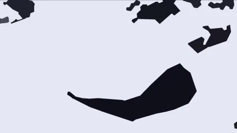 Mehrere dunkle, kantige Formen auf helllila Hintergrund, eine große Form in der unteren Bildmitte und kleinere am oberen Rand.