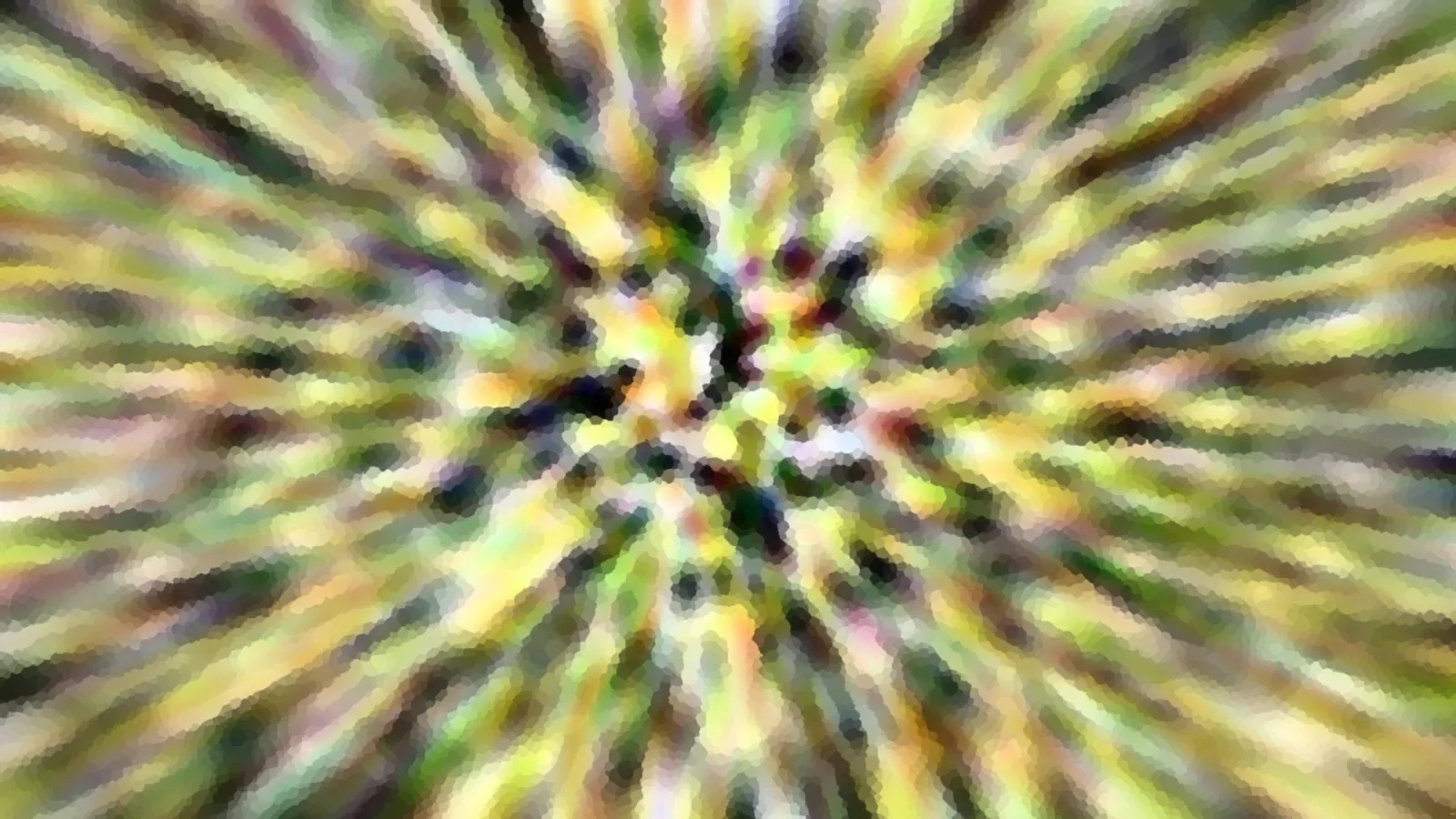 Abstraktes Bild mit radial von der Mitte nach außen laufenden, verpixelten Streifen in Gelb, Grün und Weiß, dazwischen dunkle Flecken.