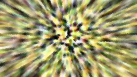 Abstraktes Bild mit radial von der Mitte nach außen laufenden, verpixelten Streifen in Gelb, Grün und Weiß, dazwischen dunkle Flecken.