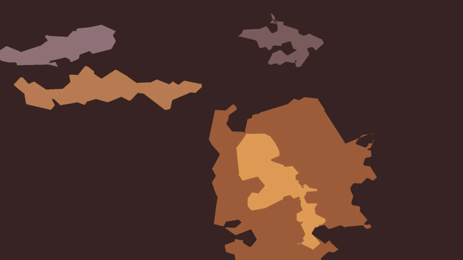 Abstrakte Komposition aus braunen, ockerfarbenen und mauvefarbenen Flächen mit unregelmäßigen Rändern auf dunkelbraunem Hintergrund.