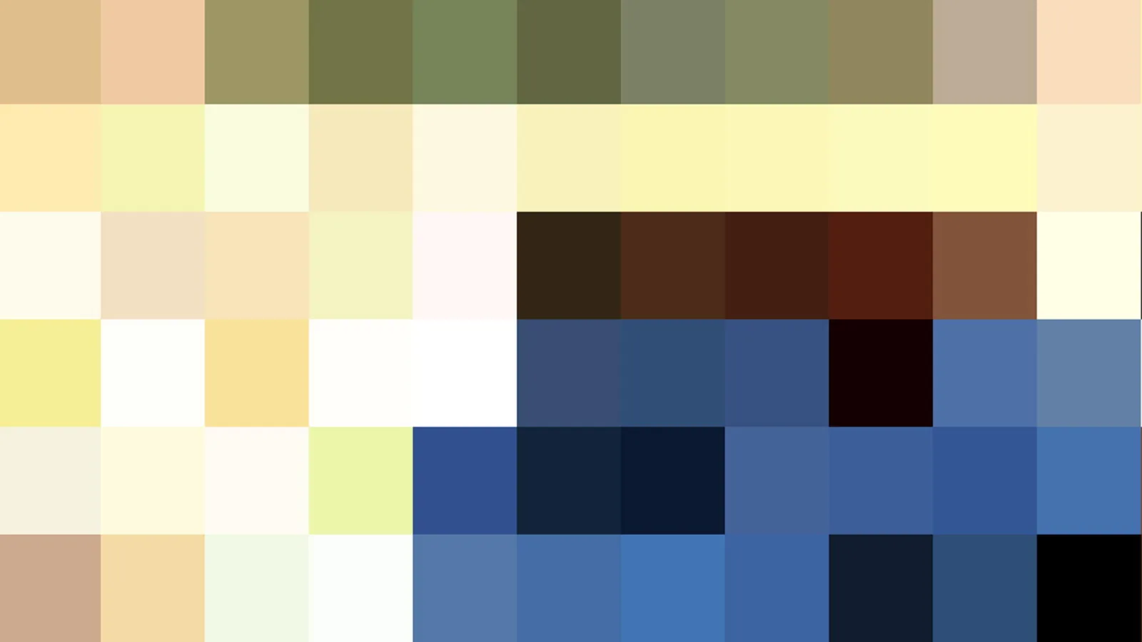 Raster aus farbigen Rechtecken in Gelb, Beige, Grün, Braun, Weiß und Blau, ohne erkennbares Motiv.