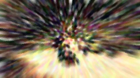Farbige, radial verwischte Streifen laufen von einem dunklen Zentrum nach außen, oben dominieren Grün und Violett, unten helles Gelb und Orange.