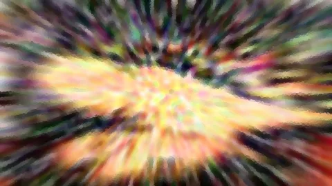 Abstrakte Komposition aus radial von einem hellen Zentrum ausstrahlenden Streifen in Gelb, Grün, Rosa und Dunkelblau, mosaikartig verpixelt.