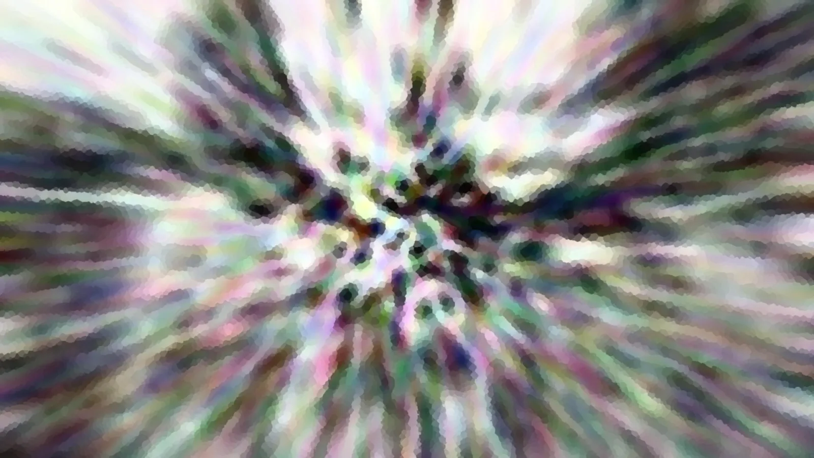 Abstraktes Bild mit radial verwischten Streifen in Rosa, Grün und Violett, im Zentrum dunkel.