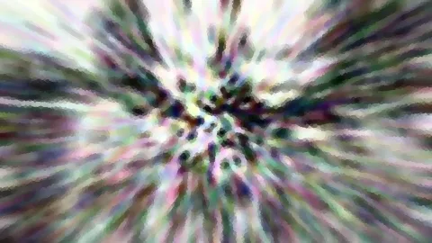 Abstraktes Bild mit radial verwischten Streifen in Rosa, Grün und Violett, im Zentrum dunkel.