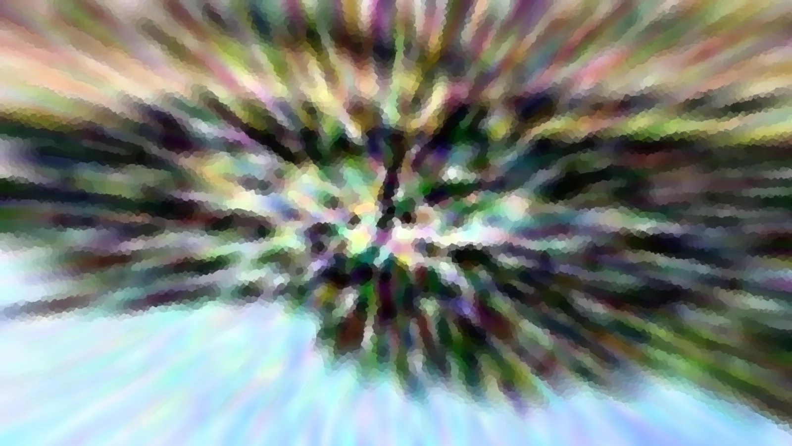 Abstrakte Komposition aus bunten, radial von der Mitte ausgehenden Streifen in Grün, Violett und Gelb, aus kleinen Pixelblöcken aufgebaut, unten ein helltürkiser Bereich.
