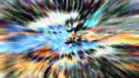 Abstraktes Bild mit bunten Strahlen, die von einem hellen Zentrum in alle Richtungen auseinanderlaufen, in grober Pixel-Optik.