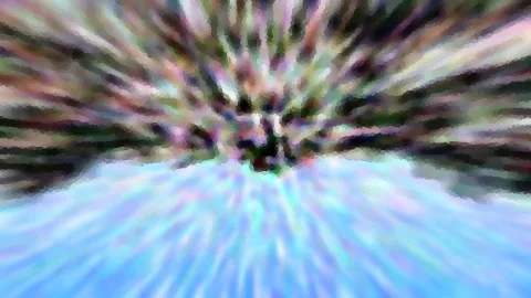 Abstraktes Bild mit radialem Zoomeffekt: bunte Streifen laufen von einem dunklen Zentrum nach außen, im unteren Bereich dominiert helles Blau.
