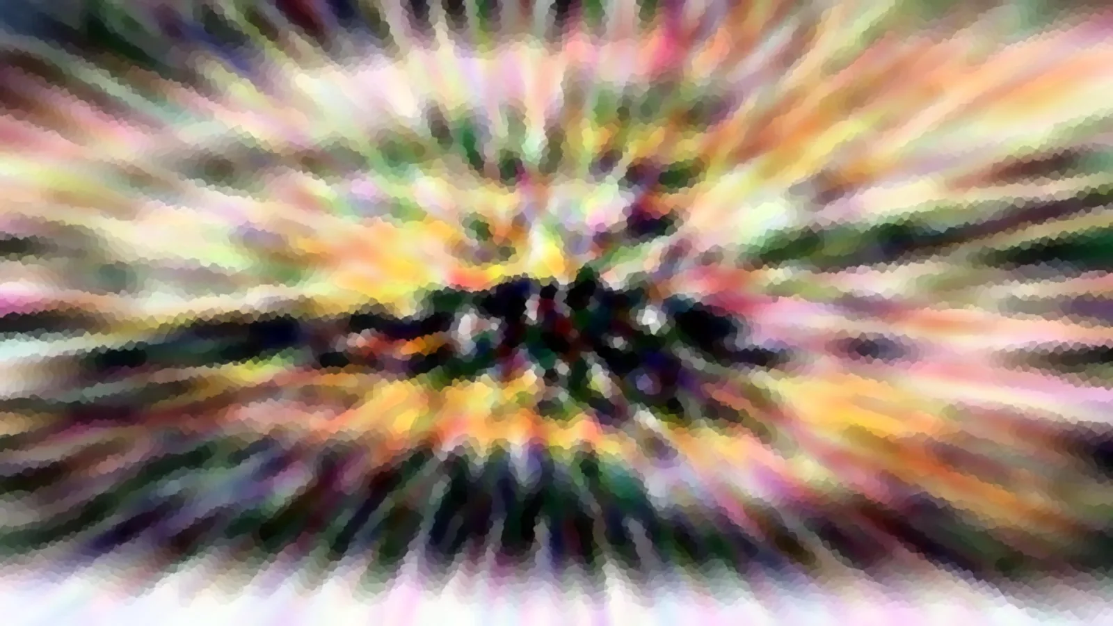 Abstrakte Komposition aus bunten, radial von der Mitte nach außen laufenden Schlieren in Gelb, Grün, Rosa und Weiß, mit dunklem Zentrum und mosaikartiger Struktur.