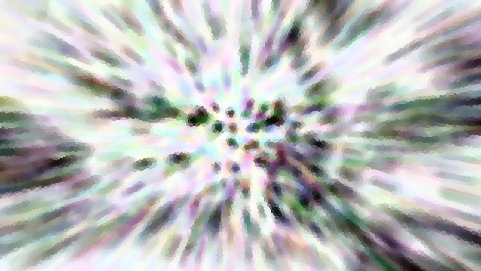 Abstraktes Bild mit pastellfarbenen, radial von einem Zentrum ausgehenden Schlieren in Weiß, Rosa, Grün und Dunkelgrau, im Zentrum verteilen sich kleine dunkle Punkte.