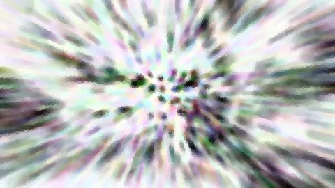 Abstraktes Bild mit pastellfarbenen, radial von einem Zentrum ausgehenden Schlieren in Weiß, Rosa, Grün und Dunkelgrau, im Zentrum verteilen sich kleine dunkle Punkte.