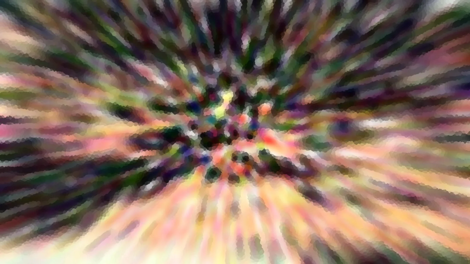 Abstraktes Bild mit radial von einem Zentrum nach außen verlaufenden, verwischten Streifen in Grün, Violett, Rosa, Gelb und Orange, das Zentrum wirkt dunkler und punktuell zerfasert.