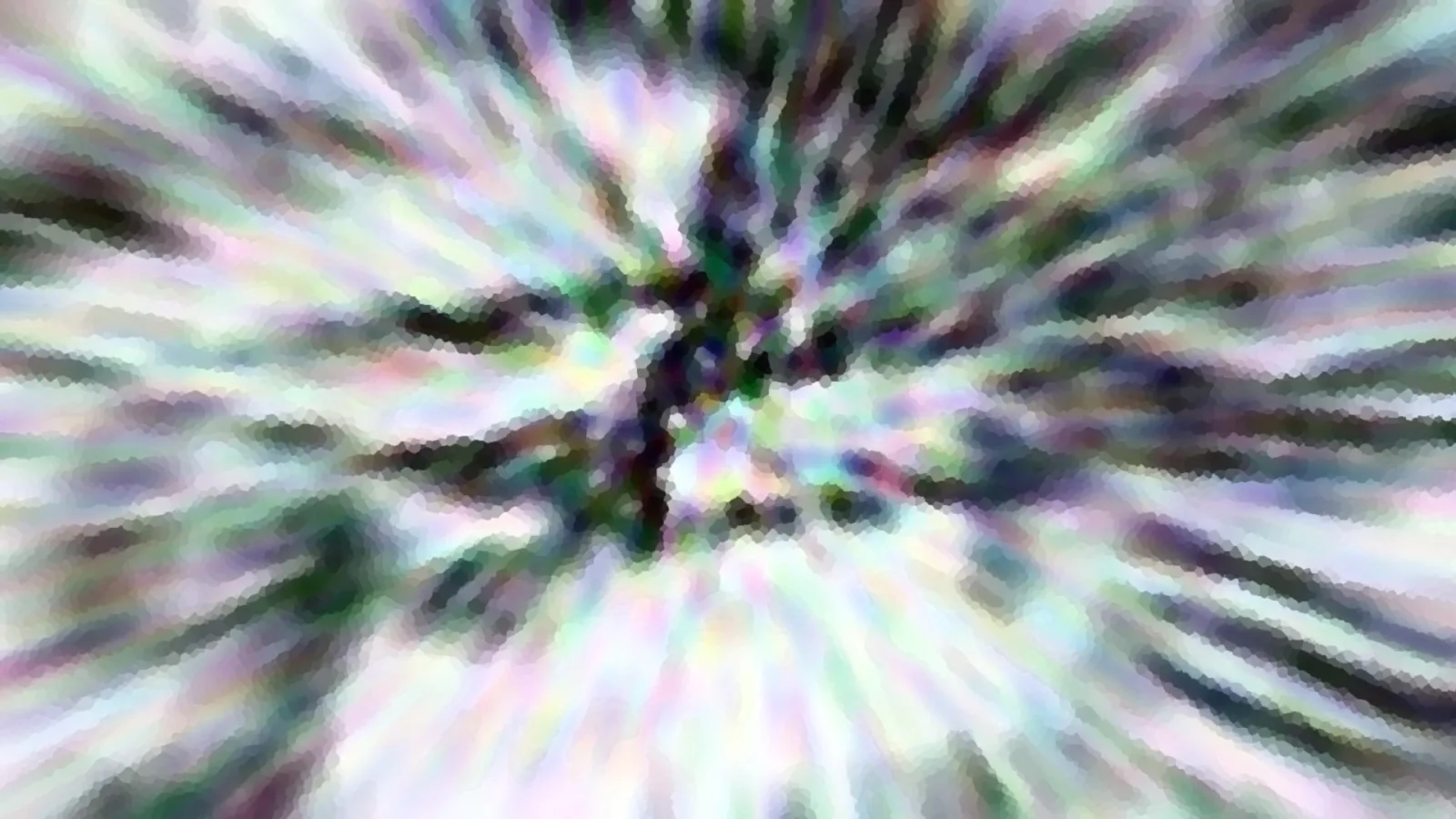 Abstrakte Komposition aus radial von der Mitte nach außen laufenden Streifen in Weiß, Grün, Violett und Schwarz, die Mitte ist dunkler, die Kanten sind körnig gepixelt.