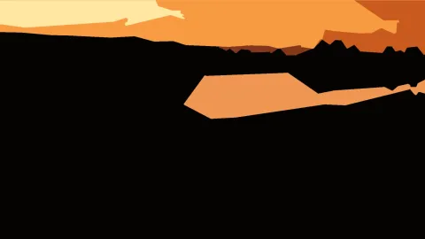 Abstrakte Komposition aus orangefarbenen und hellgelben Flächen vor einem großen schwarzen Bereich, die an Himmel und Hügel erinnern.