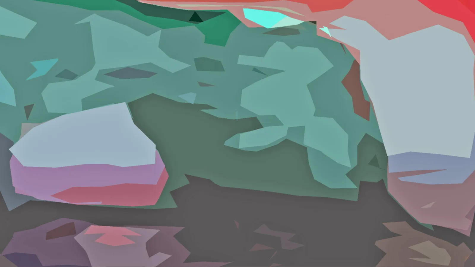 Abstrakte Komposition aus kantigen, flächigen Formen in Mintgrün, Petrol, Rosa, Rot, Hellgrau und Dunkelbraun.