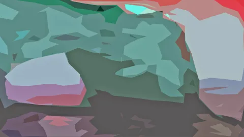 Abstrakte Komposition aus kantigen, flächigen Formen in Mintgrün, Petrol, Rosa, Rot, Hellgrau und Dunkelbraun.