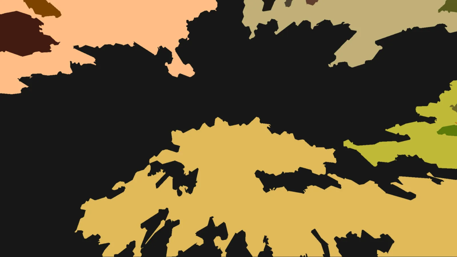 Abstraktes Bild mit großen schwarzen, organischen Formen vor pfirsichfarbenen, ockerfarbenen und olivgrünen Flächen.