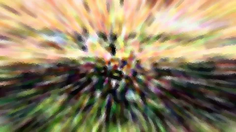 Abstrakte Komposition mit radial von der Mitte ausgehenden Farbstrahlen in Gelb, Grün und Violett, darunter dunkle Bereiche wie eine Landschaft.
