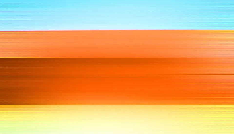 Abstrakte Komposition aus horizontalen, verwischten Streifen: oben hellblau, darunter orange, dunkelorange und zum unteren Rand hin hellgelb.