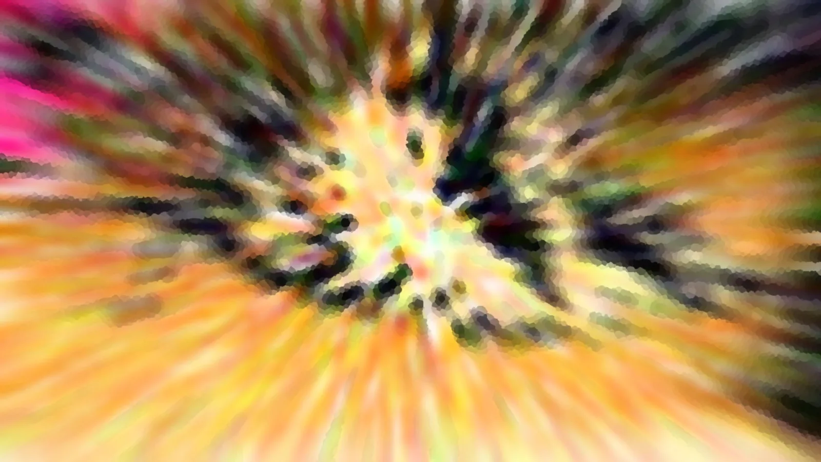 Abstrakte Komposition mit radial von der Mitte ausstrahlenden Schlieren in Gelb, Orange, Pink und Schwarz, die Bildmitte ist heller und verwischt.