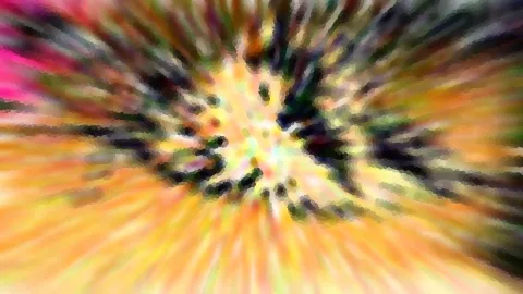 Abstrakte Komposition mit radial von der Mitte ausstrahlenden Schlieren in Gelb, Orange, Pink und Schwarz, die Bildmitte ist heller und verwischt.