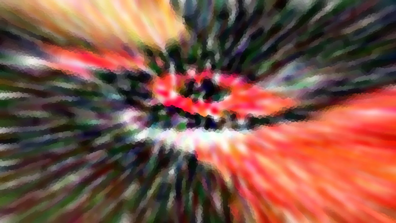 Abstrakte Komposition aus radial verlaufenden Schlieren in Rot, Orange, Grün und Schwarz, die auf einen hellen, rot umrandeten Mittelpunkt zulaufen.