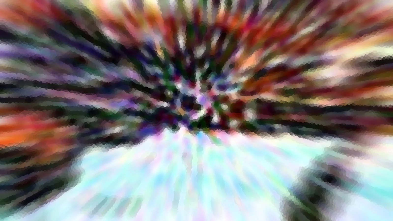 Abstraktes Bild mit radial von einem zentralen Punkt nach außen laufenden Streifen in Rot, Orange, Violett, Grün und Weiß, unten in hellem Türkis und Weiß.