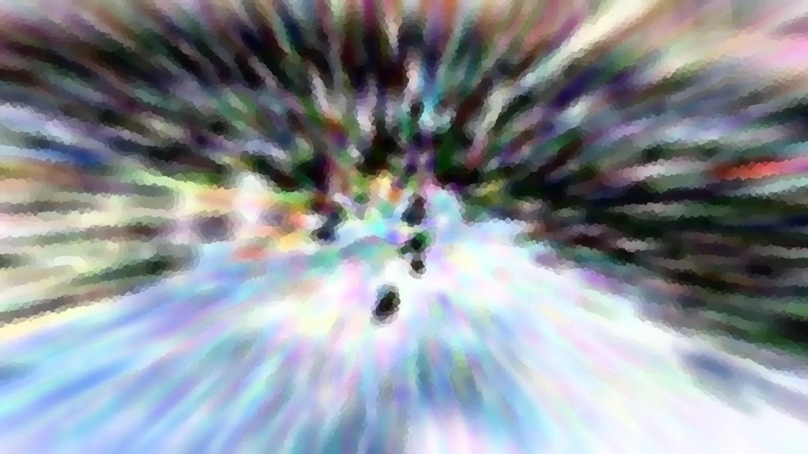 Abstrakte Komposition aus pastellfarbenen, radial verwischten Streifen in Violett, Grün, Blau und Weiß, die aus einem dunklen Zentrum nach außen strahlen.