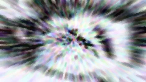 Abstraktes Bild mit radial von der Mitte ausstrahlenden, verwischten Streifen in Weiß, Lila, Grün und Pastellfarben, im Zentrum dunklere Flecken.