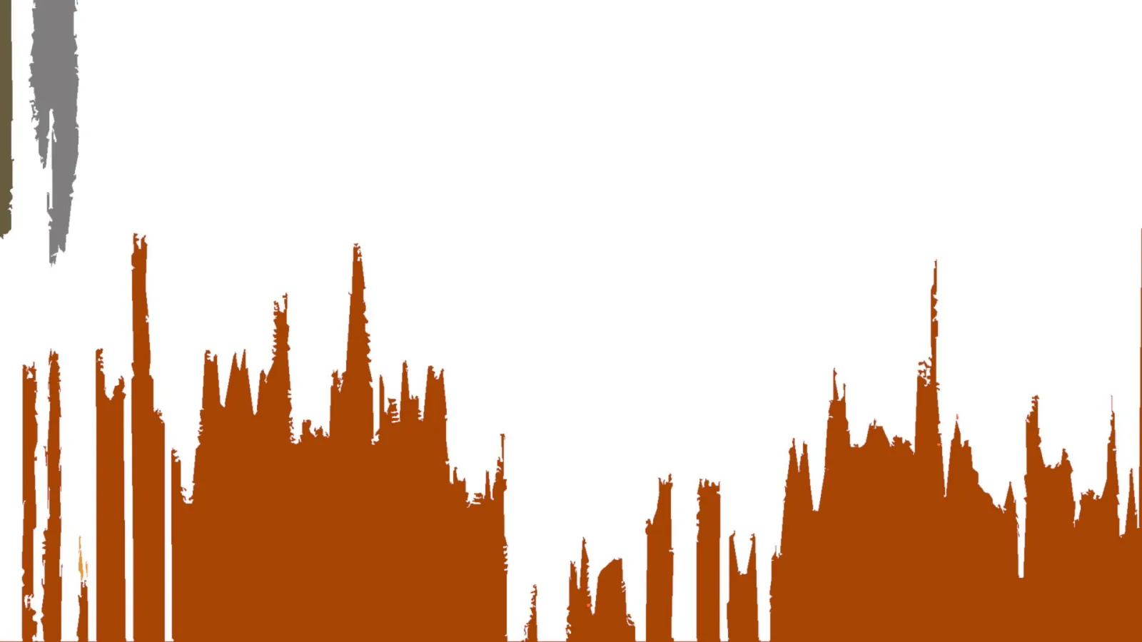 Abstrakte Komposition auf weißem Grund mit orangebraunen, zackigen Formen am unteren Bildrand und grauen und olivfarbenen Pinselstrichen oben links.