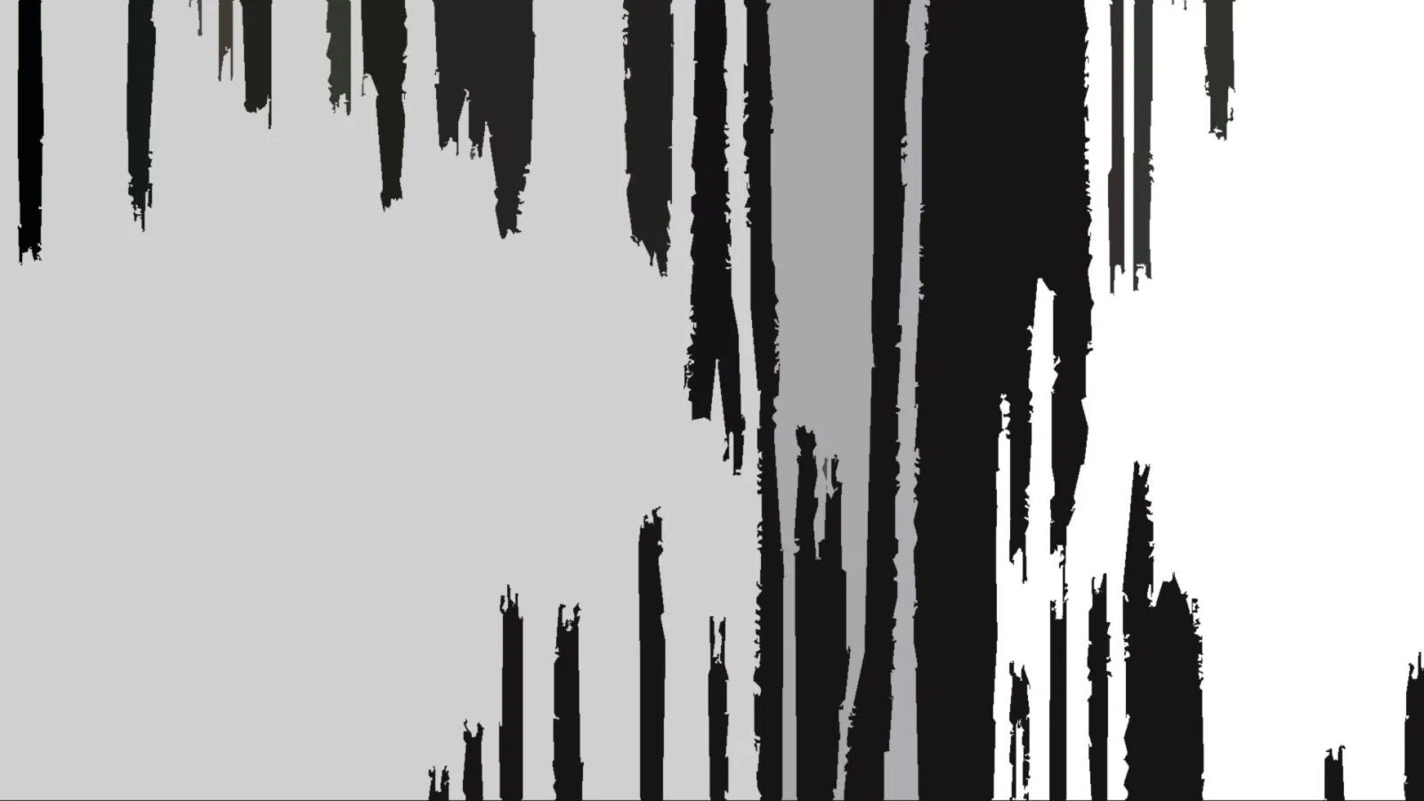 Abstraktes Schwarzweiß-Bild mit senkrechten schwarzen Pinselstrichen, die von oben und unten in die Fläche laufen, links eine helle graue Fläche, rechts Weiß.