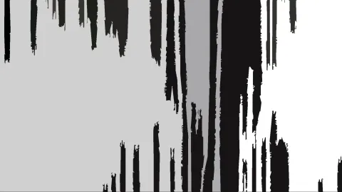 Abstraktes Schwarzweiß-Bild mit senkrechten schwarzen Pinselstrichen, die von oben und unten in die Fläche laufen, links eine helle graue Fläche, rechts Weiß.