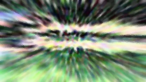 Abstrakte Komposition mit radialen Streifen aus Grün, Weiß und Rosa, die von einem hellen Zentrum nach außen verlaufen, dunkle Schlieren am oberen und unteren Rand.