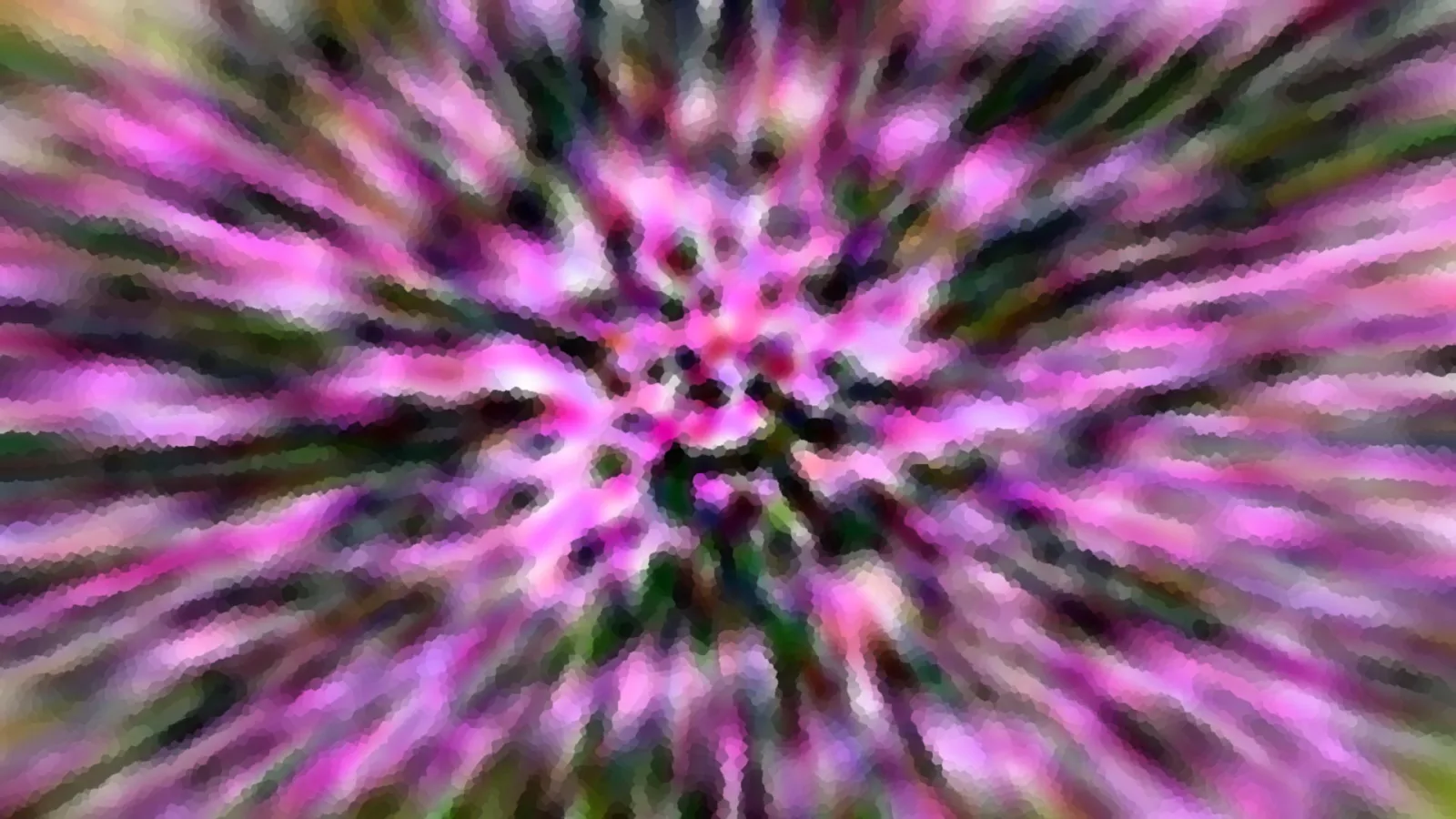 Abstrakte Komposition aus pinken, violetten und dunkelgrünen Flächen, die vom Zentrum radial nach außen strahlen und mosaikartig verpixelt sind.