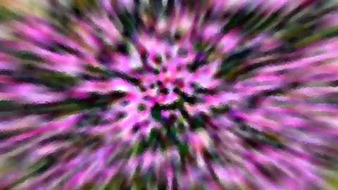 Abstrakte Komposition aus pinken, violetten und dunkelgrünen Flächen, die vom Zentrum radial nach außen strahlen und mosaikartig verpixelt sind.