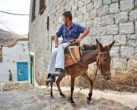 Ein Mann in blauem Hemd und Jeans reitet auf einem braunen Esel eine gepflasterte Gasse hinauf, rechts eine Steinmauer, links weiß getünchte Häuser mit blauer Tür.