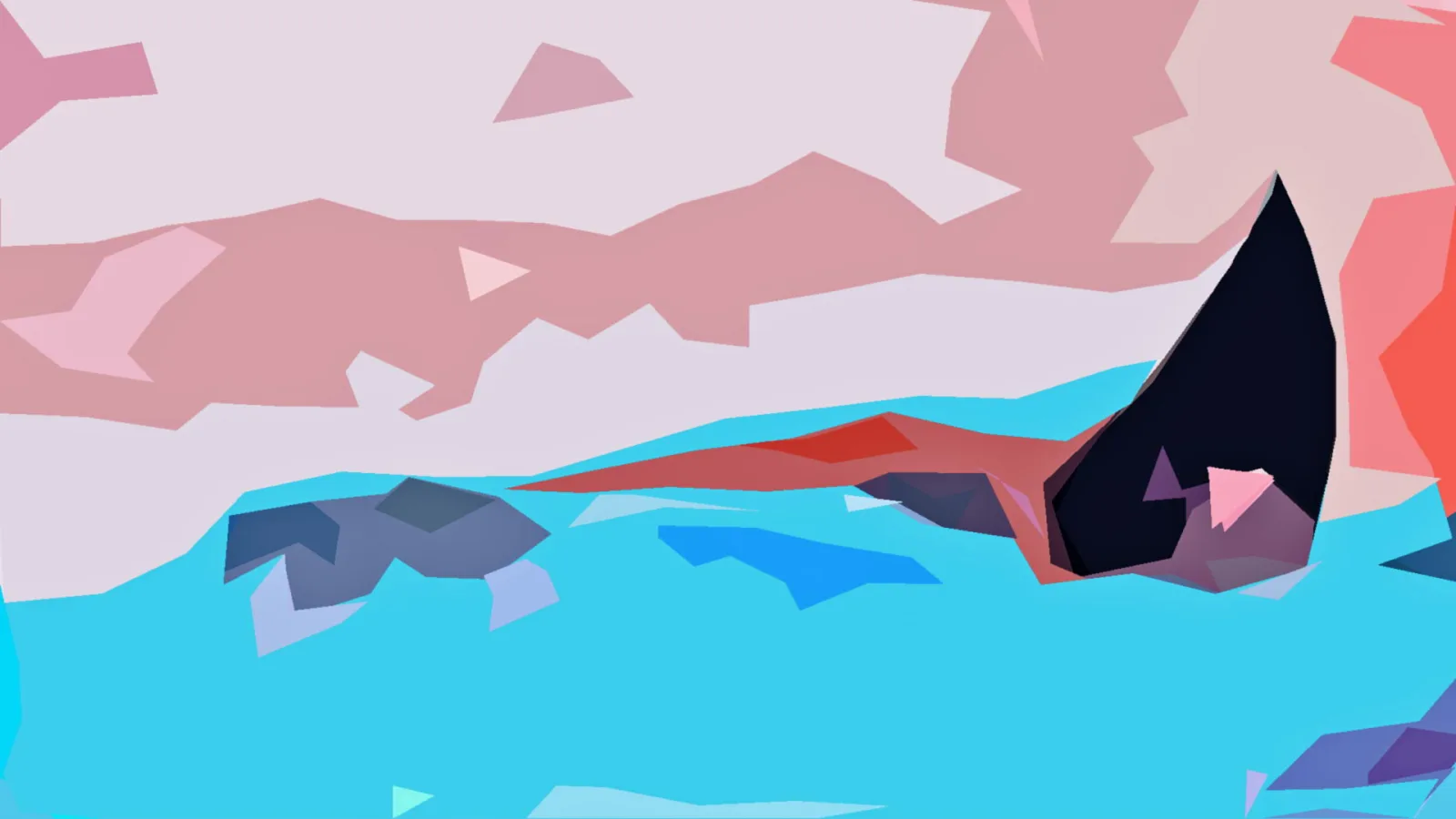 Abstrakte Low-Poly-Grafik mit rosa Himmel, türkisfarbenem Wasser und einer dunklen, spitzen Form rechts.