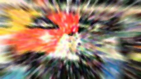 Abstrakte Komposition aus radial verlaufenden Farbstrahlen in Rot, Gelb, Grün und Blau, die sich um eine helle Mitte bündeln.