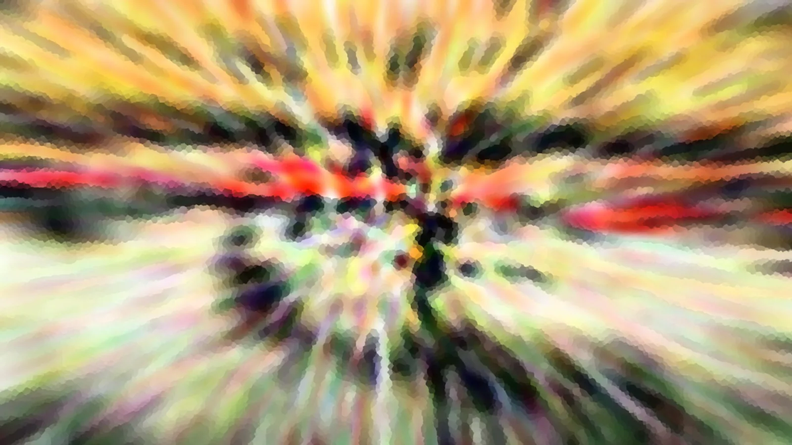 Abstrakte Komposition aus gelben, roten und grünen Farbstreifen, die von einem dunklen Zentrum radial nach außen laufen und stark verwischt und pixelig wirken.