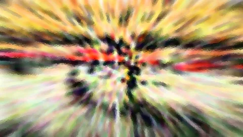 Abstrakte Komposition aus gelben, roten und grünen Farbstreifen, die von einem dunklen Zentrum radial nach außen laufen und stark verwischt und pixelig wirken.